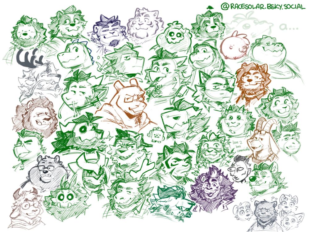 a very big sketchpage with a bunch of different furry characters. most are green, and a few are in different colors.