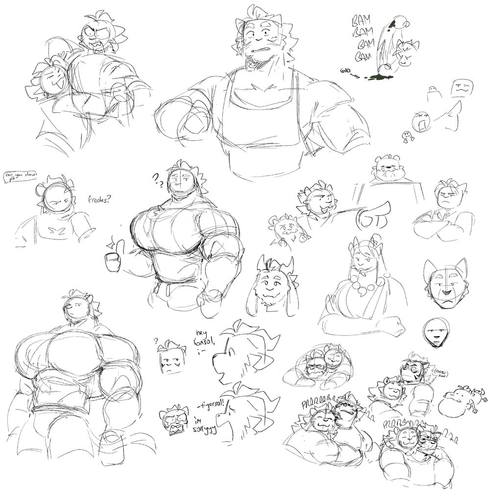 a sketchpage with a lot of tigersol sketches, including: lionsol invading his personal space (affectionate); dragonsol accidentally calling him "lionsol" and making him upset; and Ace Attorney, but with solforms