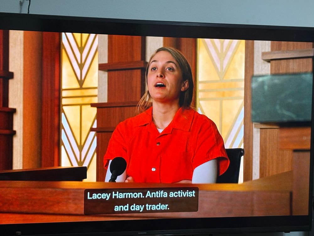 screenshot of a woman on the stand saying “Lacey Harmon. Antifa activist and day trader.”