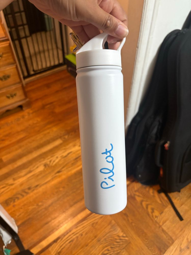 love island water bottle customized to say pilot 