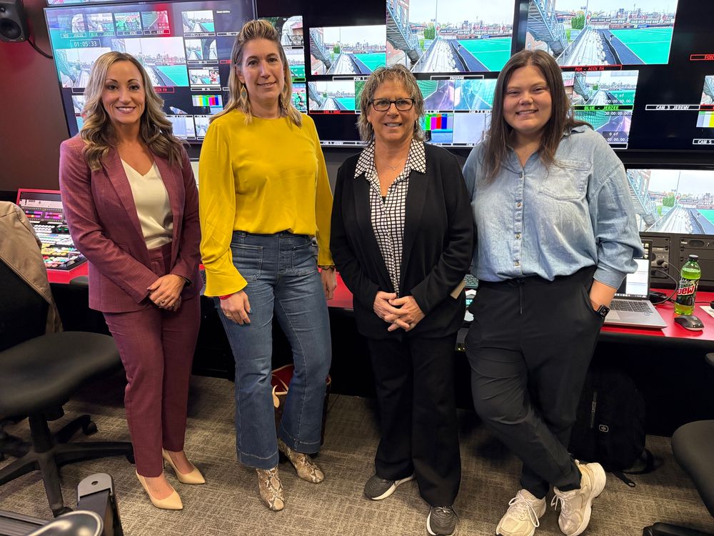 Suzanne Bush and Leah Secondo (commentators for ACC Field Hockey and the National Championship) alongside poster, Morgan and Amanda who directed the broadcasts. 