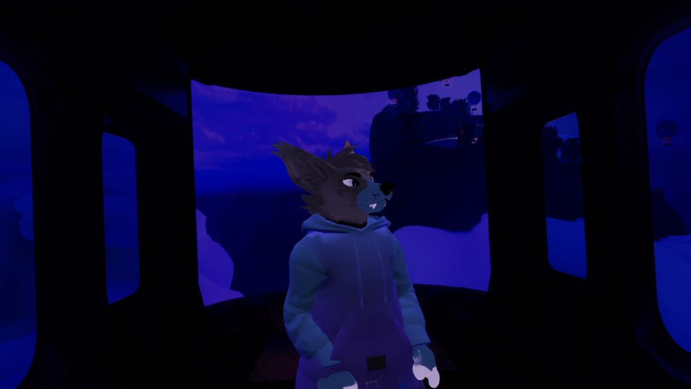 freakhound vrchat avatar in a purple and blue sleep themed world 