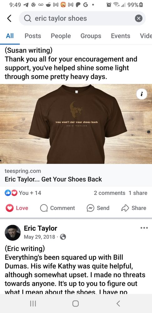 Screenshot of fb posts by Susan and Eric with a photo of the "you won't get your shoes back" t-shirt 