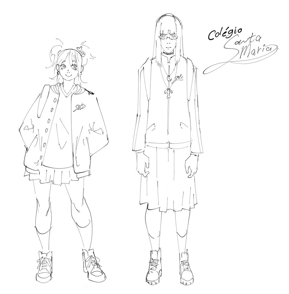 Helena and Vitória. Helena is a short high schooler with twintails, a short skirt and a open shirt. Vitória is a tall high schooler with long hair, glasses, a long skirt and 2 collars