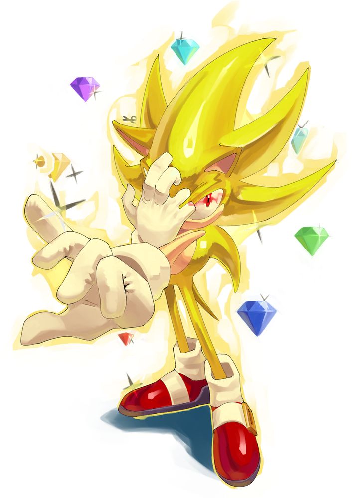 Super Sonic looking at the camera while covering his left eye with the chaos emeralds behind him