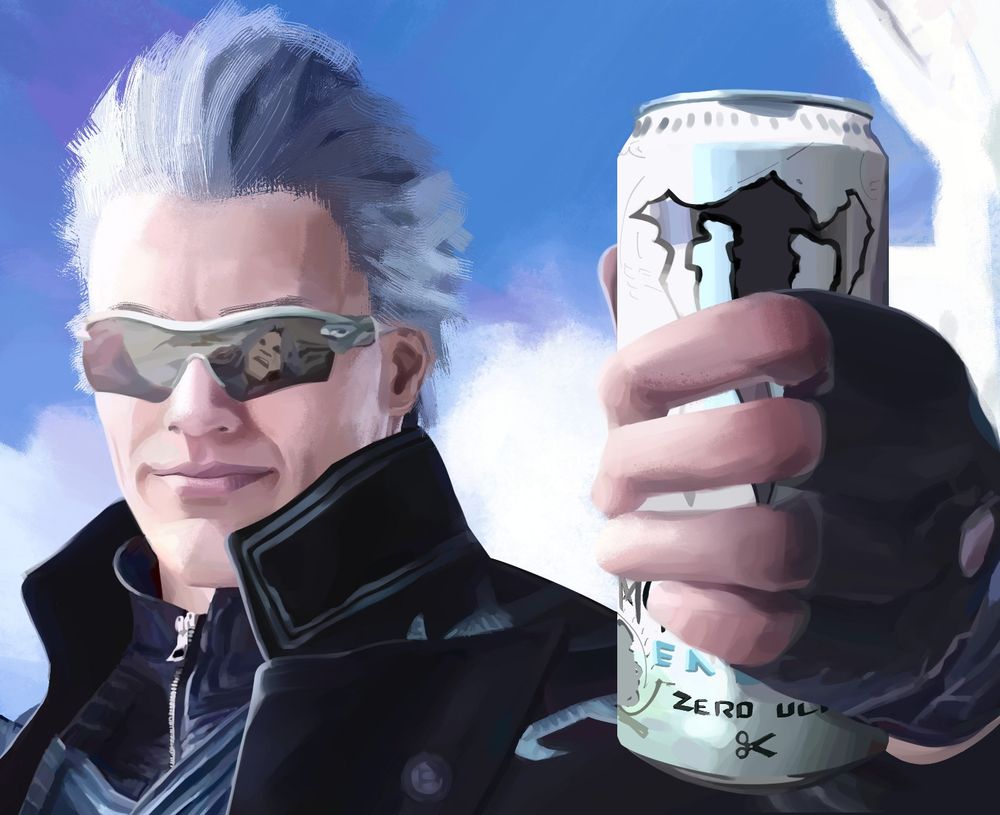 Vergil holding a monster can to the camera , with Dante falling on the reflection of his sunglasses