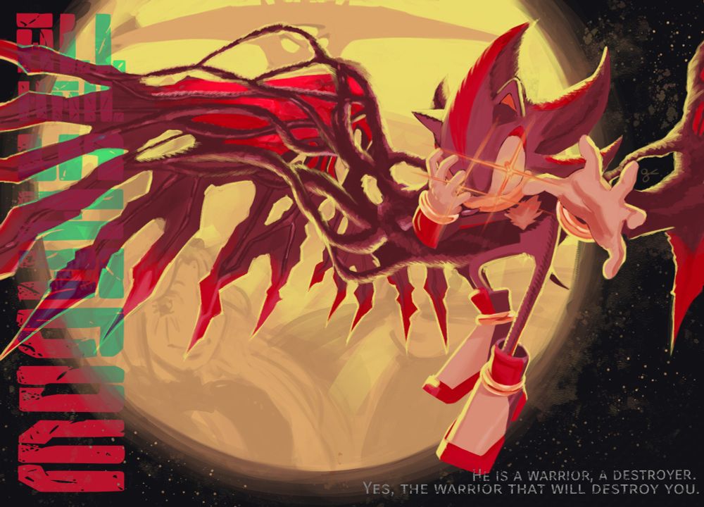 Shadow the Hedgehog reaching out to the camera, with Doom Wings and shining eyes. The moon in the background has an image of Maria, Gerald and Black Doom on it
