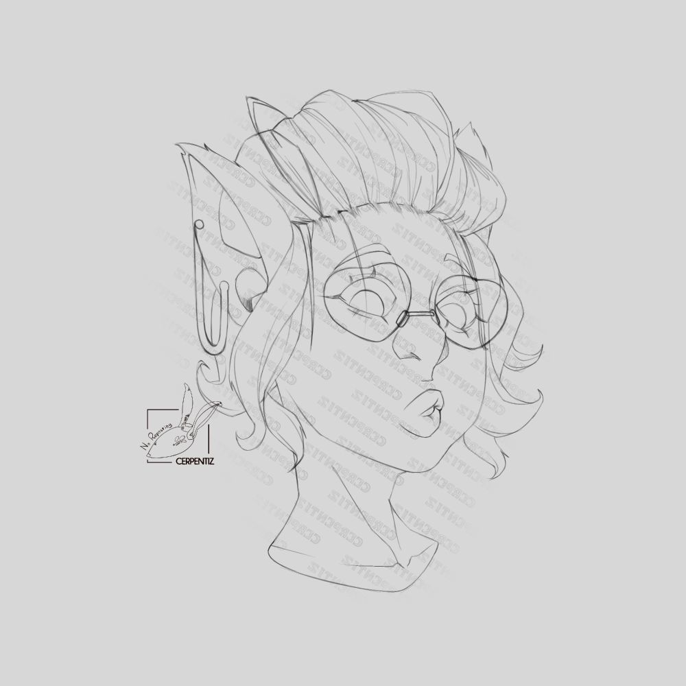A sketch based on a close friend's original character named Lucas. A woman with stylish, heart-shaped glasses and jewellery on her fur ears. Fluffy yet semi-pulled back hair style with strands on each side of her face, rocking a strange gaze.