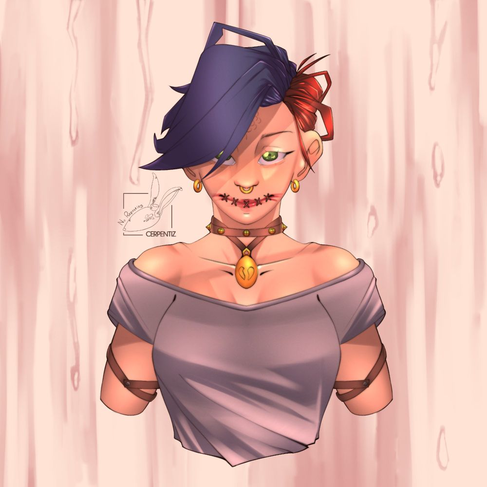 An illustration based on a friend's original character. Rocking a split hair of dark blue and red with gold ring jewellery covering the nose and ears while the neck's collared with a heart-engraved necklace. An emotionless look with shiny, green eyes and a forced shut mouth with "X" threads. Wearing an off shoulder grey top and leather arm stripes on a faded, blood-covered background.