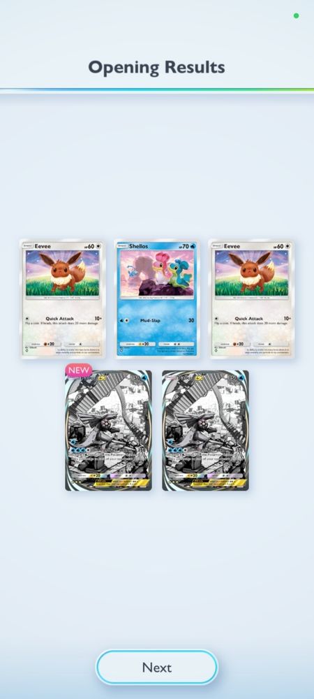 A Pokémon TCG Pocket pack opening recap, showing two Eevee cards, one Shellos card and two immersive art Palkia EX cards. 