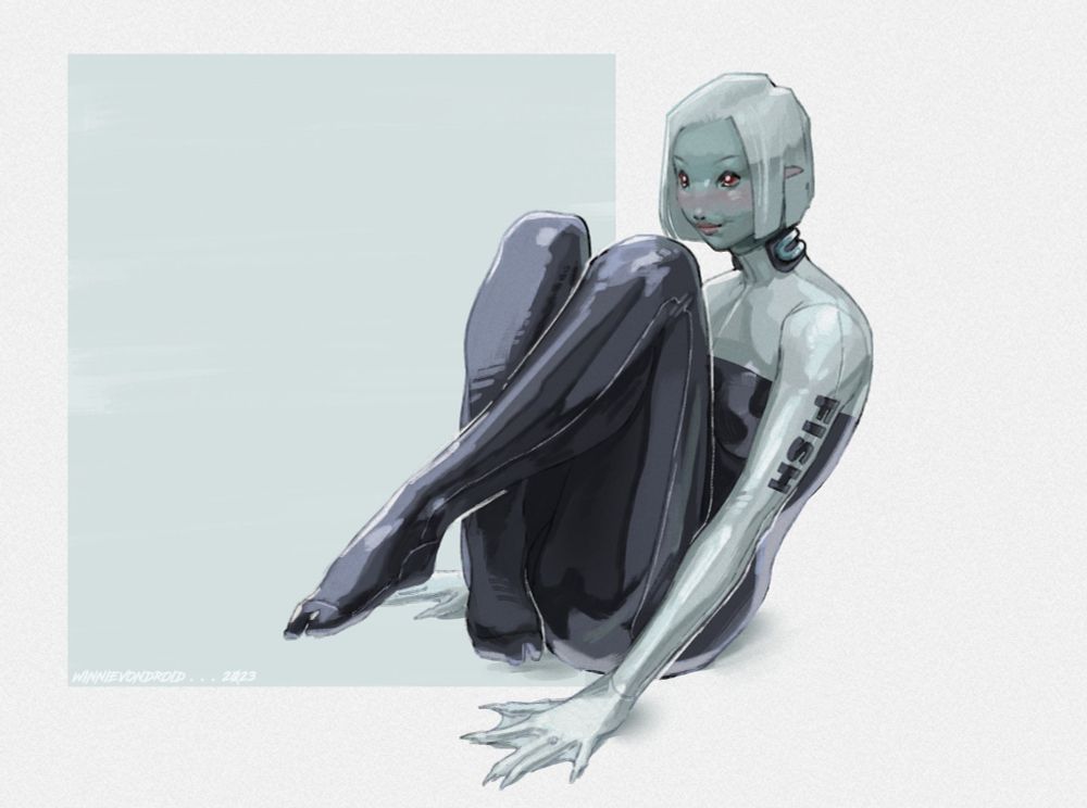 a digital drawing of my OC sitting on the floor. she has chin length white hair and a greenish gray skin tone. she's wearing a latex catsuit with the word FISH plastered down the side of her arm.