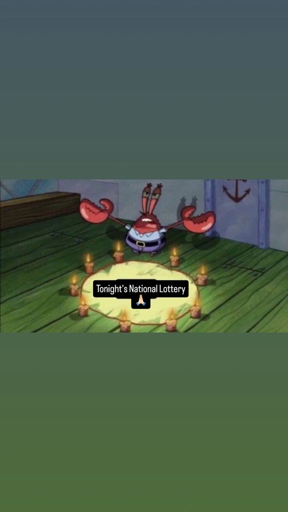 Mr Crabs praising at a circle of candles, with the added caption of "Tonight's National Lottery prayer emote"