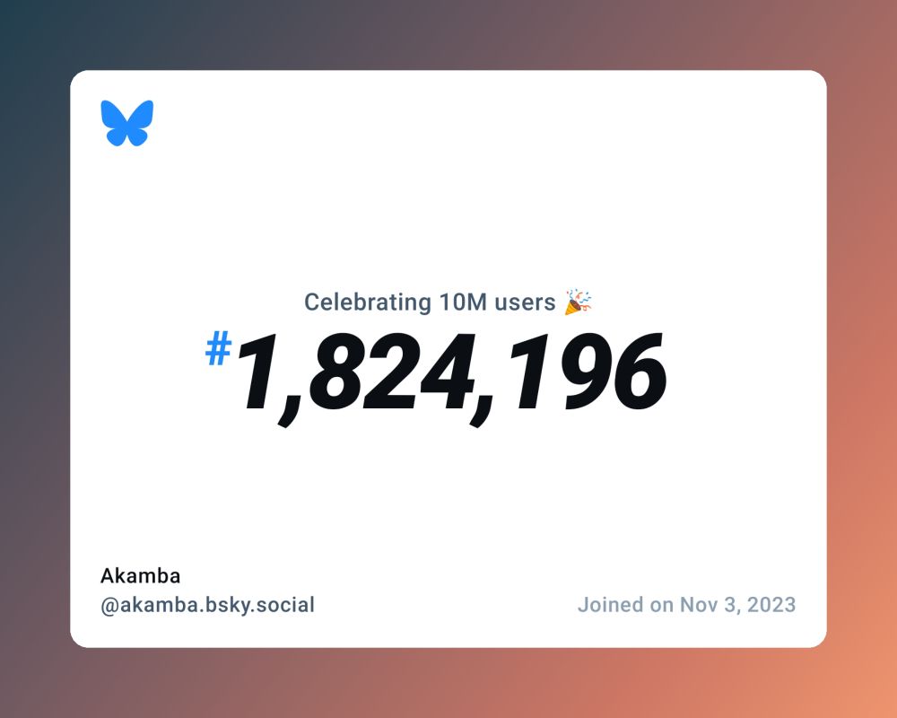 A virtual certificate with text "Celebrating 10M users on Bluesky, #1,824,196, Akamba ‪@akamba.bsky.social‬, joined on Nov 3, 2023"