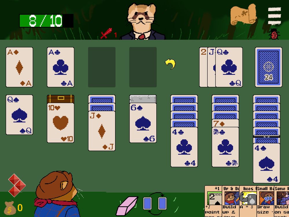 A screenshot from the game, showing a solitaire board. There is a ferret in a business suit on the top, and hazards are strewn between the cards. There are also items at the bottom of the screen.