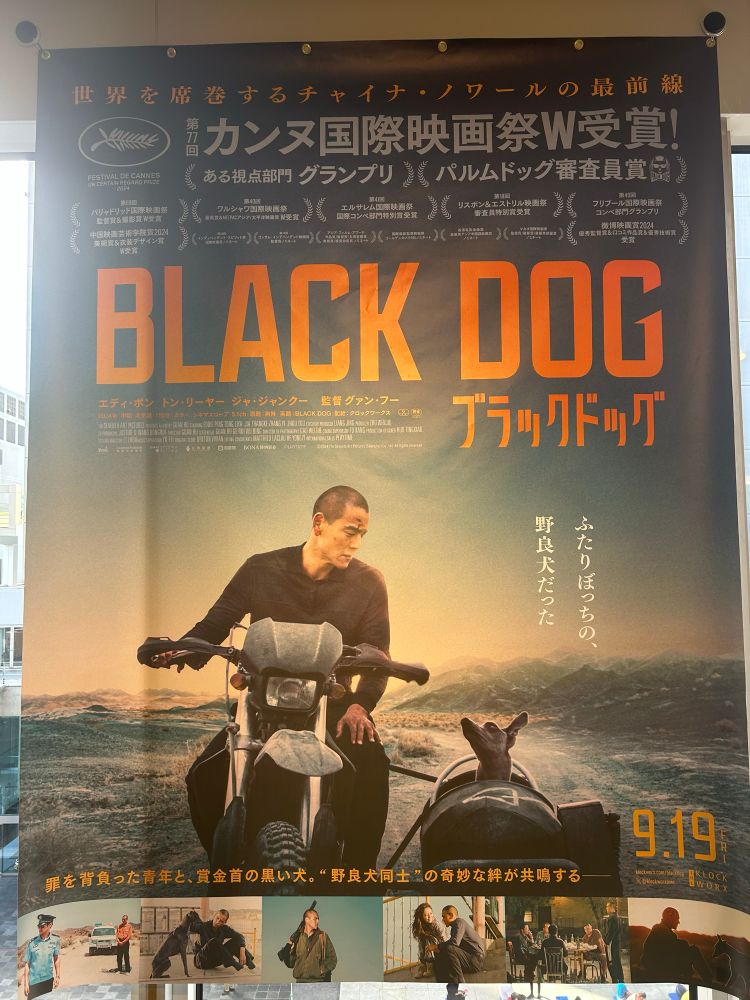ブラック・ドッグのメインビジュアルのポスター。サイドカーに黒い痩せた犬を乗せた、坊主頭の男が、荒野にバイクを走らせている。上部にオレンジ色の文字で英字と日本語のタイトル。