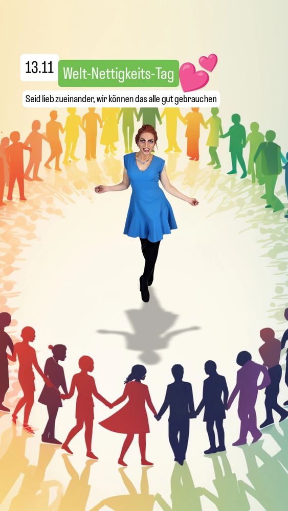 Ich stehe lächelnd und leicht tanzend in der Mitte eines Kreises aus bunten, stilisierten Menschenfiguren, die sich an den Händen halten.