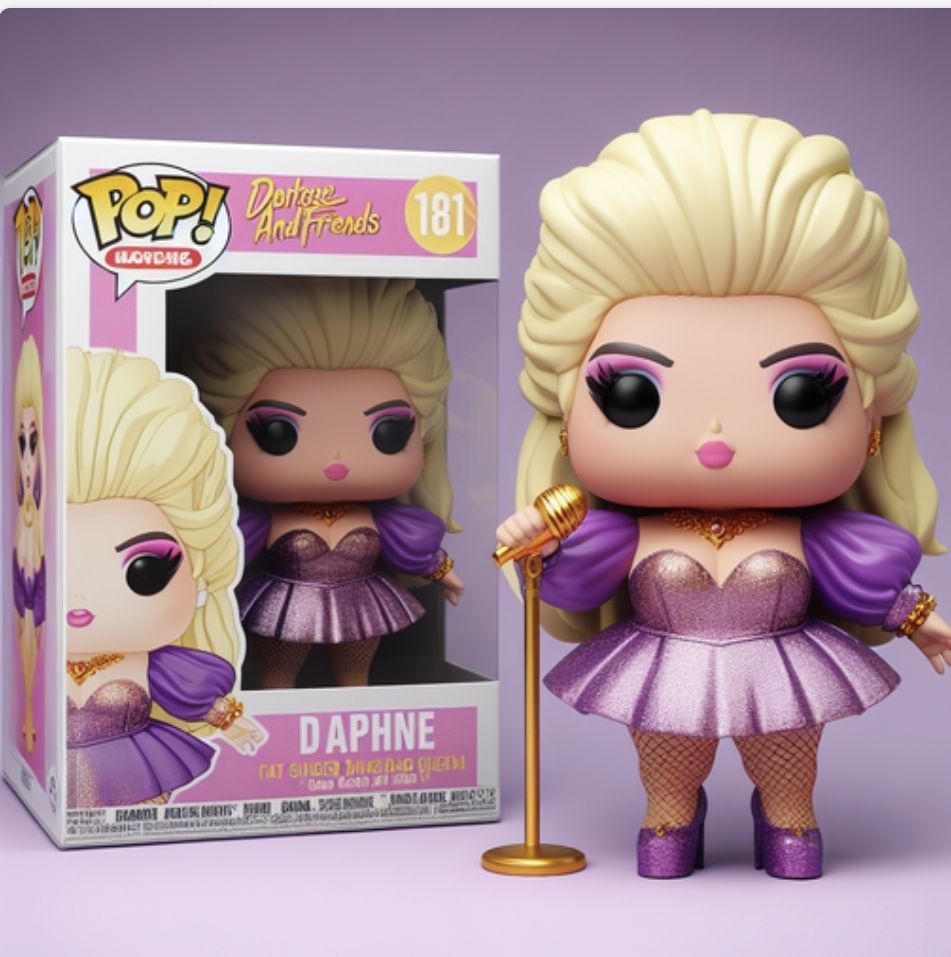 Curvey Funko Pop figure of Drag queen, female, called Daphne Dragee, wearing a Purple sparkling Petticoat Dress with balloon sleeves, blond teased Up high hair and has a Diamond Statement necklace. Holding a microphone. Figure is displayed inside a Funko Pop box.