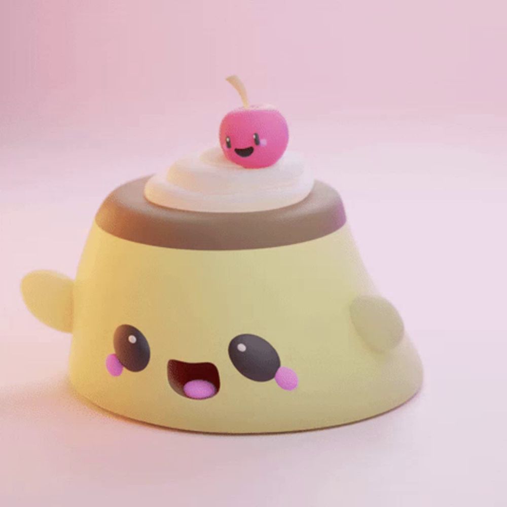 a cartoon pudding with a pink cherry on top of it