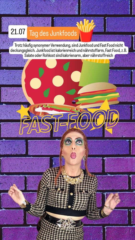 Ich schaue mit gespitzten Lippen auf ein Graffiti aus Pizza, Hamburger, Pommes und Sandwich mit dem Wort Fast-Food über mir.
