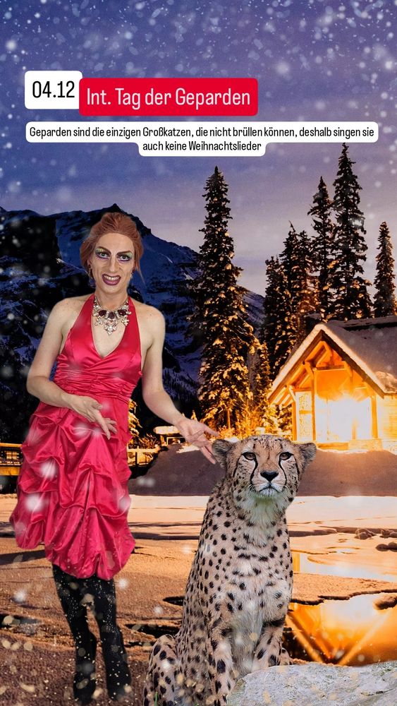 Ich stehe neben einem Geparden im Schnee vor einer weißen Winterkulisse.