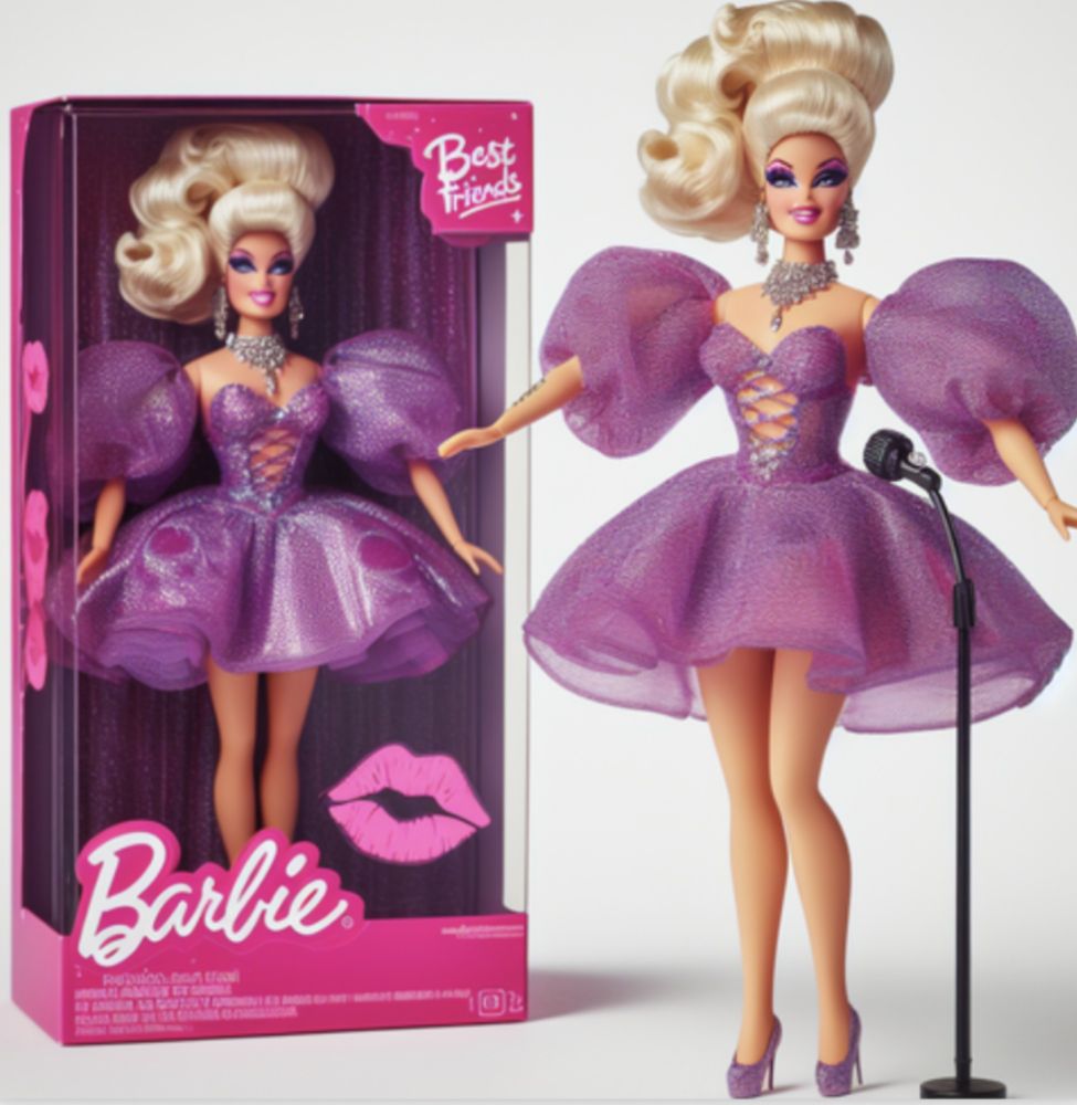 Curvey Barbie Figure of Drag queen, female, called Daphne Dragee, wearing a Purple sparkling Petticoat Dress with balloon sleeves, blond teased Up high hair and has a Diamond Statement necklace. Holding a microphone. Figure is displayed inside a barbie box.