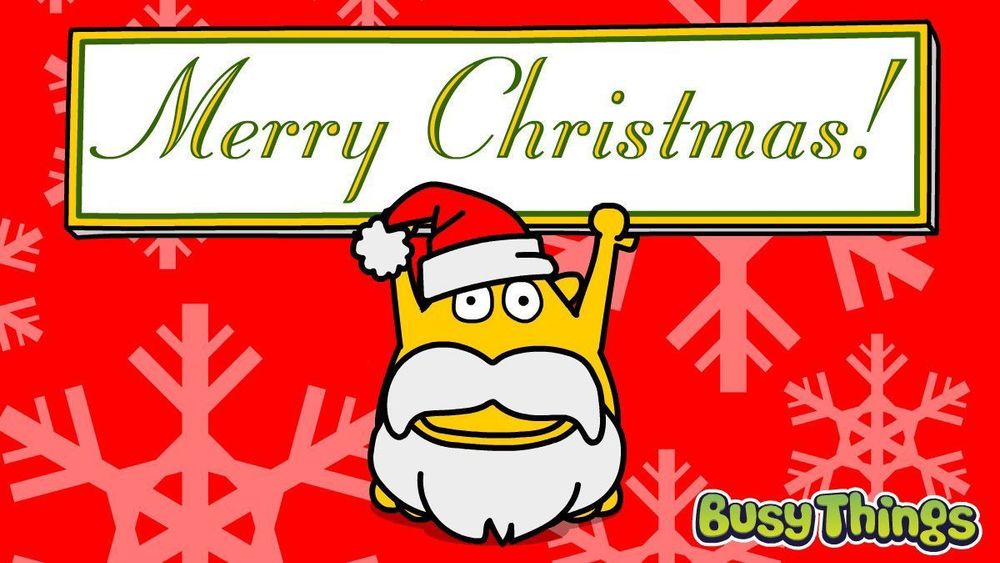 Busy Things' yellow monster dressed up as Santa Claus, wishing everyone (especially teachers and primary school children) a wonderful Christmas