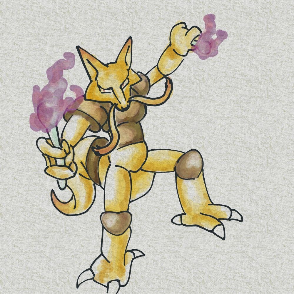 Art in a watercolor style of alakazam. The alakazam is posed with legs bent holding two spoons with a psychic energy or fire around them. The alakazam has purplish red eyes. There is faint red tips to the ears and whiskers and the alakazam has a kadabra tail also with a red tip.