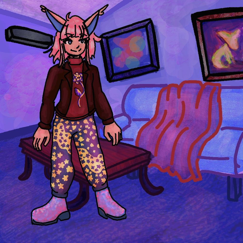 Art of an anthro cat person with pink hair smiling. They have a red leather jacket, a turtleneck that's red with a flower in yellow with purple shading. The pants are purple-grey with golden pattern like flowers. There's pinkish purple iridescent boots that are glittery in the style of vinyl rain boots? The background is a living room with a couch a table a blanket over the couch and a piece of absurdist sort of fennec fox thing Art. And an abstract modern art with shapes and colors.