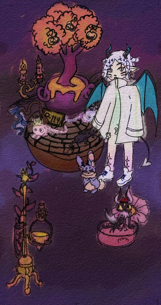 A scene depicting a person with white hair a white chunky oversized jacket and white shoes. They have a spade ♠️ tail, bat like wings with blue membrane. Horns that are curved backwards but upright in black to the same blue as the membrane. They have pointed ears and green ombre bodysuit that melts into their pale skintone and then orchid coloring. Cat whisker face marks. A cat nose. Cat like pupils. And scars around eyes. The short messy lilac hair is covered in black sparkles 

There is a golden alchemist jar with gold powder and purple vine plant growing out of test tube in the foreleft. 

There is a small specimen plate with pink grass and a flower with a bat-cat like hybrid with a small Chinese hat and sigil, with fluffy orchid colored fur around neck. 

There is a small purple rabbit like creature that sits upright on its hind legs in a lavender color with cream ear fluff, tail, underbelly and muzzle with dark colored antlers on its head.

There's a brown bowl like thing in the background with bricks layed in a flat circular pattern as a sort of lid. Atop it is a purple cauldron leaking a golden orange substance. Out of the cauldron grows a tree with purple arching trunk bark and golden-orange leaved sprouting pumpkin like apples as fruit. There is a bronze colored sign labeled P-114 resting against the cauldron. Atop the bricks is a black salamander. And two small fluffy ball like creatures with long fluffed tails and large tall pointed ears. One is pinkish one is purplish.

There is a candelabra in the background. The ground and background is all abstract in warm and cool purples.