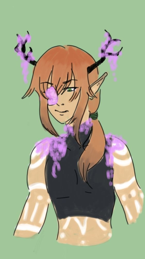 A person with long hair and a mild asymmetrical haircut with long straight feathered hair with the ends a slightly darker color then the top. There is. Cropped sleeveless black turtleneck. He's got a tanned skintone with white markings on his body like tattoos or body paint. He has sharp green eyes and a green hairband tying his dusty auburn hair at the nape of the neck. He has black antler like horns and almost transparent purple wisteria adjacent flowers fall draped around the horns neck and shoulders and one eye.