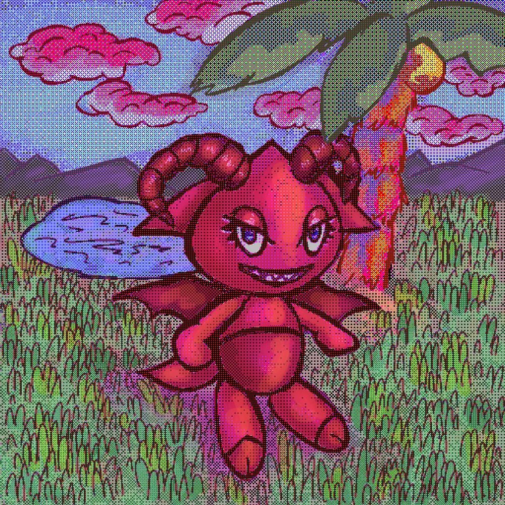 Art of a red chao without the orb (didn't want to render it). They're standing in a version of the neutral garden, green grass, palm tree with fruit, water, grey mountains and a cloudy sky at sunset. This is all in a retro video game vibe of sort of pixel art. The chao has bat wings and goat horns