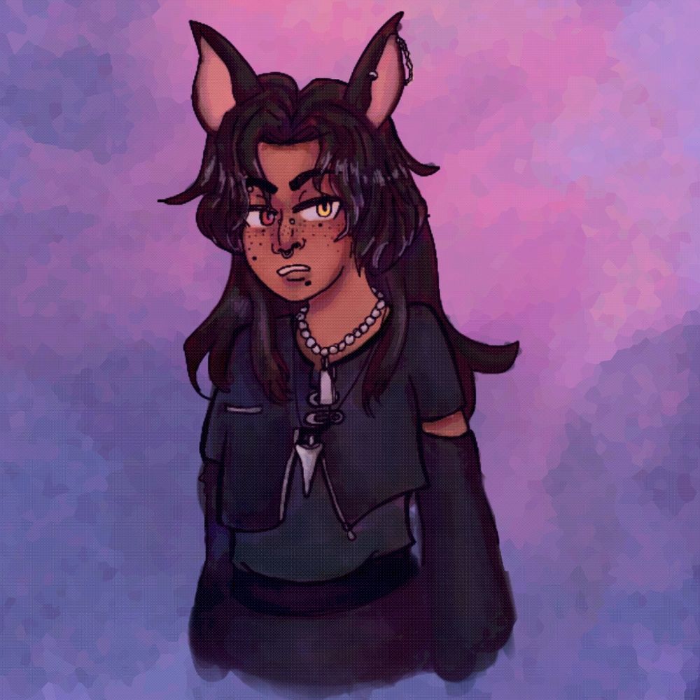 A character with past shoulderlength hair, they have one red eye and one gold one. There are earrings in their dog ears. They gave facial piercings freckles and beauty marks. They wear gothy clothes.