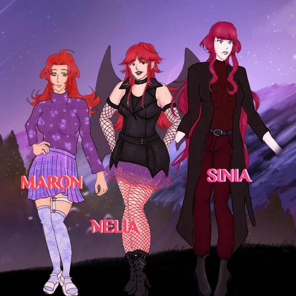 Three characters stand atop black grass, black trees and a purple blue mountain is in the background with a vague dusk purple starry sky.

The girl on the left labeled maron has orangey red hair and a tan-ish skintone. She has a purple turtleneck with a floral and star like pattern on it. She wears a tartan/plaid purple with pinks and white stripes. She wears stockings spackle in light blueish colors with a white garter belt straps with an o ring connecting the two pieces. And white sandals. She has large soft green eyes. Neutral soft expression.

Nelia is the middle girl is half a head taller than maron. Nelia has a goth-punk esk outfit. She has black ankle high combat boots with laces. Nelia wears red fishnets. She has a sparkly skirt that goes from purple to red but transparent each layer and ends mid thigh. She has a black leather dress jacket thing that's spikey on the ends with the vibes of bat wings. She has a belt with belt. The dress outer thing ends like a formal shirt with a neck collar folded outwards and is sleeveless. underneath She wears a sleeveless black tank top. She has black fishnets on her arm. A black choker. And black lipstick. Red eyes. The expression is a half smile and is looking at the third person. Nelia has bat wings

The third person is sinia. She stands a head taller than nelia. She wears a goth-academia outfit. Long over jacket in black. Dark ruby spotted turtleneck. Black belt holding up crimson ruby colored slacks. With rain boot esk boots. She has a jellyfish hime cut of pinkish red hair that goes past her waist. And soft grayish eyes. She has the palest skin almost being paper white.