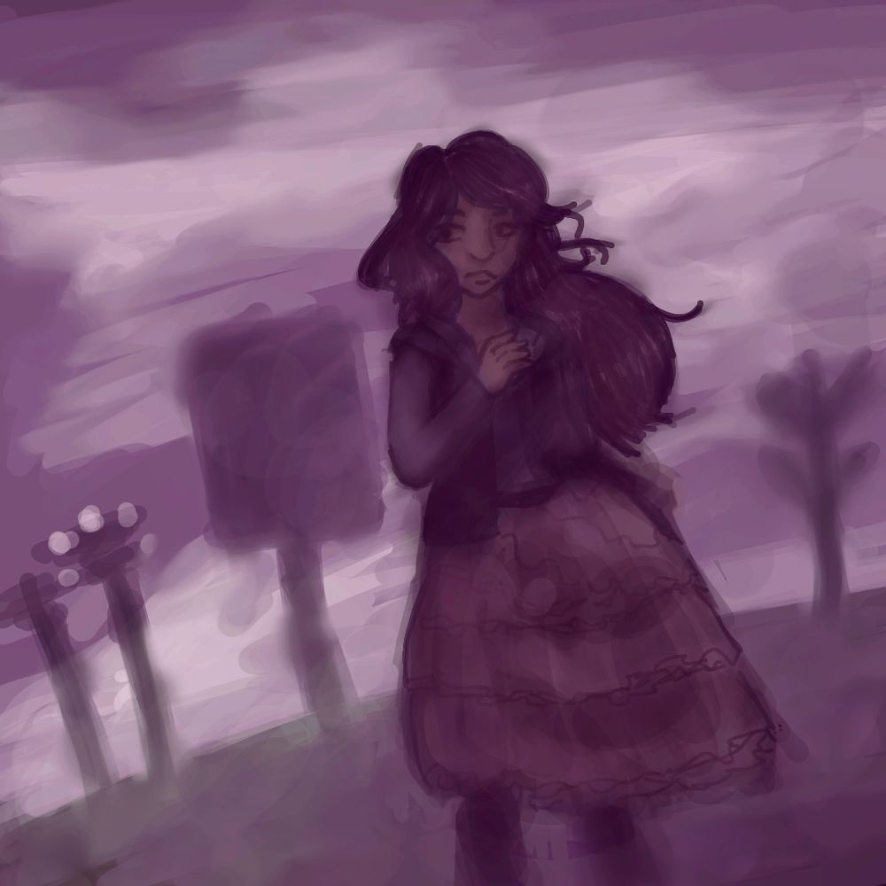 A figure with long hair a hoodie and a tutu-esk skirt