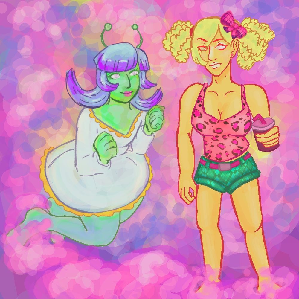 Two girls. One is an alien girl with green skin, blob like antenna and blue and purple hair. The other girl has orangey skin and dresses in a gyaru style. They have a sort of beverage they're holding. There's pink clouds swirling around and an abstract esk cloudy background.