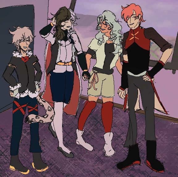 A group of 4 individuals indoors. One has a snow leopard tail with fluffy white hair named Raye and snowboarder esk outfit. One is taller wearing many layers with split black white hair and is named Flore. One is named nyanza and has nyanza green outfit. They have curly fluffy hair shirts with high red socks and large flared white ankle boots. The last is a tall guy, saff, who wears saffron reds and saffron Yellow accents where 90% of the outfit is neutral Grey's and blacks. His hair is salmon colored. The room is purplish and maybe a corridor leading out from a other room. There is a large window with a vague city outside.
