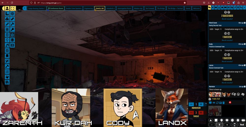 Character art for 4 characters in the foreground, a demolished lab in the background, the Foundry VTT sidebar on the right side
