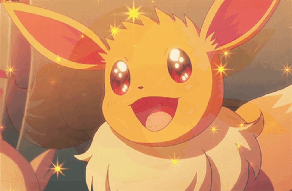 a close up of a cartoon eevee with red eyes