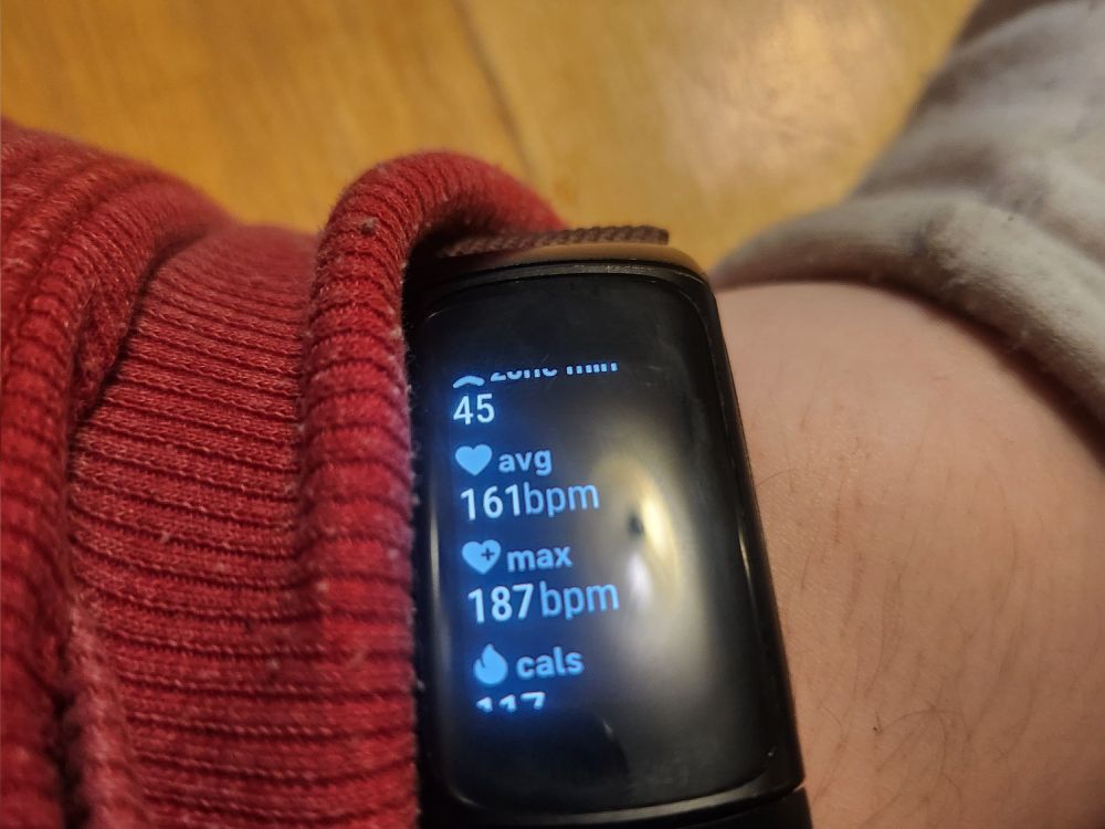 Fitbit watch showing post exercise breakdown from my walk home. Avg heartrate: 161. Max heartrate: 187