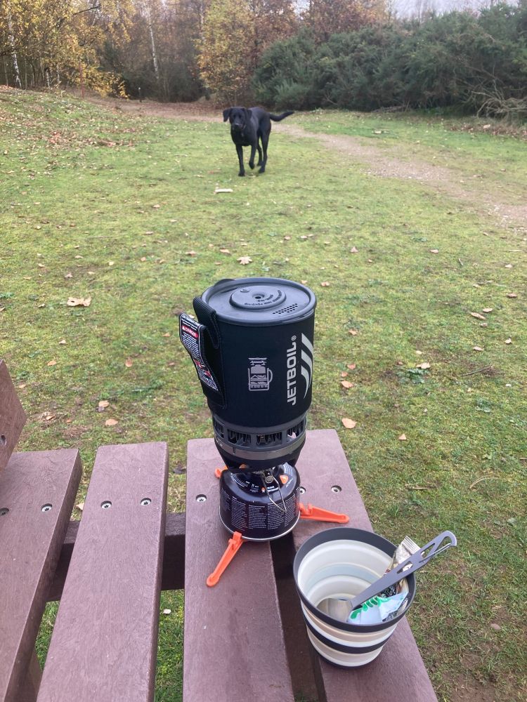 Dog walk with a coffee brew! A Jetboil stove on a park bench. With nature. 

