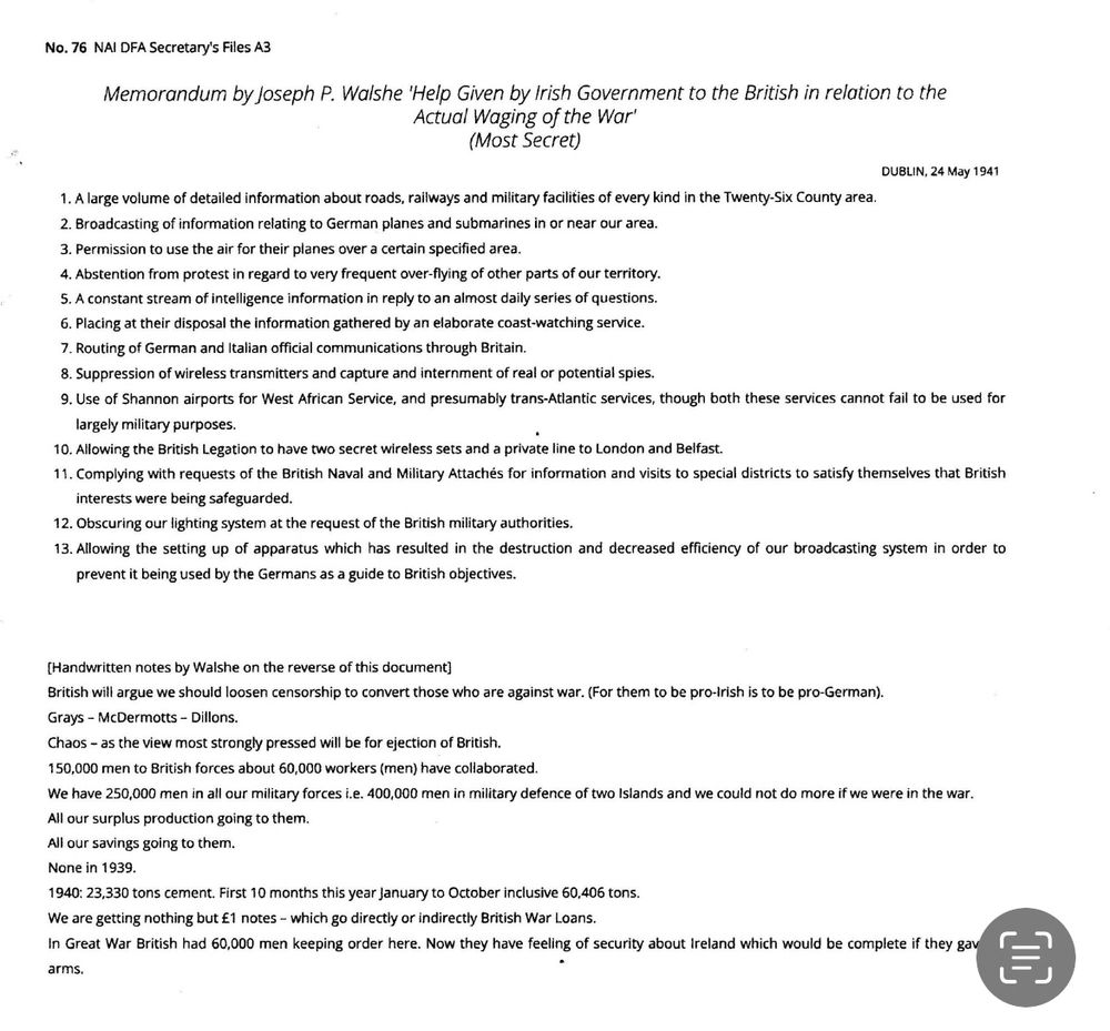 Memorandum by JP Walshe, Irish Department of Foreign Affairs, on assistance to the U.K., May 1941.
