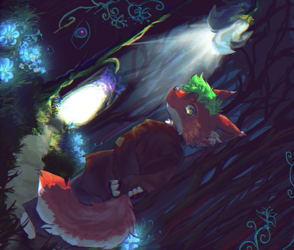 a red and green anthro fox in a jacket walking down a magical wooded path, illuminated by a tulip lamp