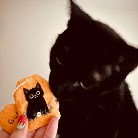 Black cat smelling a bookmark in the shape of a tea bag, which has his portrait embroidered on it.