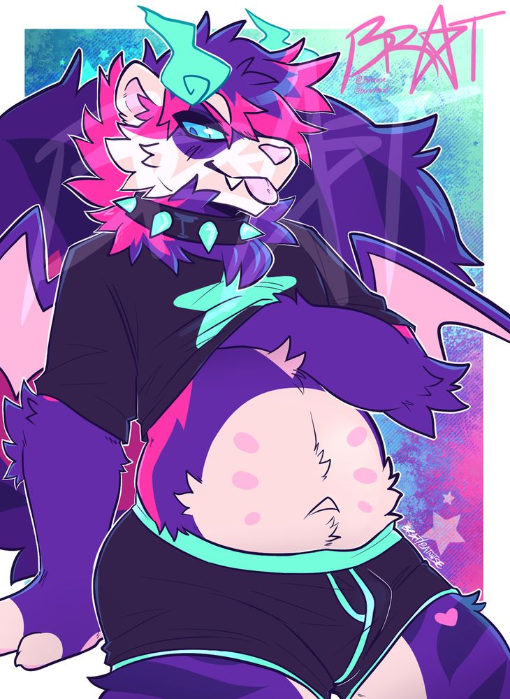 pinup art of a brightly colored chubby demon ferret. he wears a spiked collar, a black shirt with a star on it, and briefs with the same colors. he lifts his shirt up with one hand exposing his soft midriff and a slight bulge in his underwear.