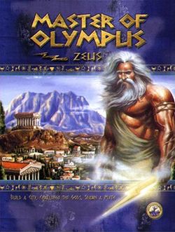 Cover art for video game ‘Master of Olympus: Zeus’ which depicts a swole, hench Zeus holding a lightning bolt standing over an Ancient Greek city