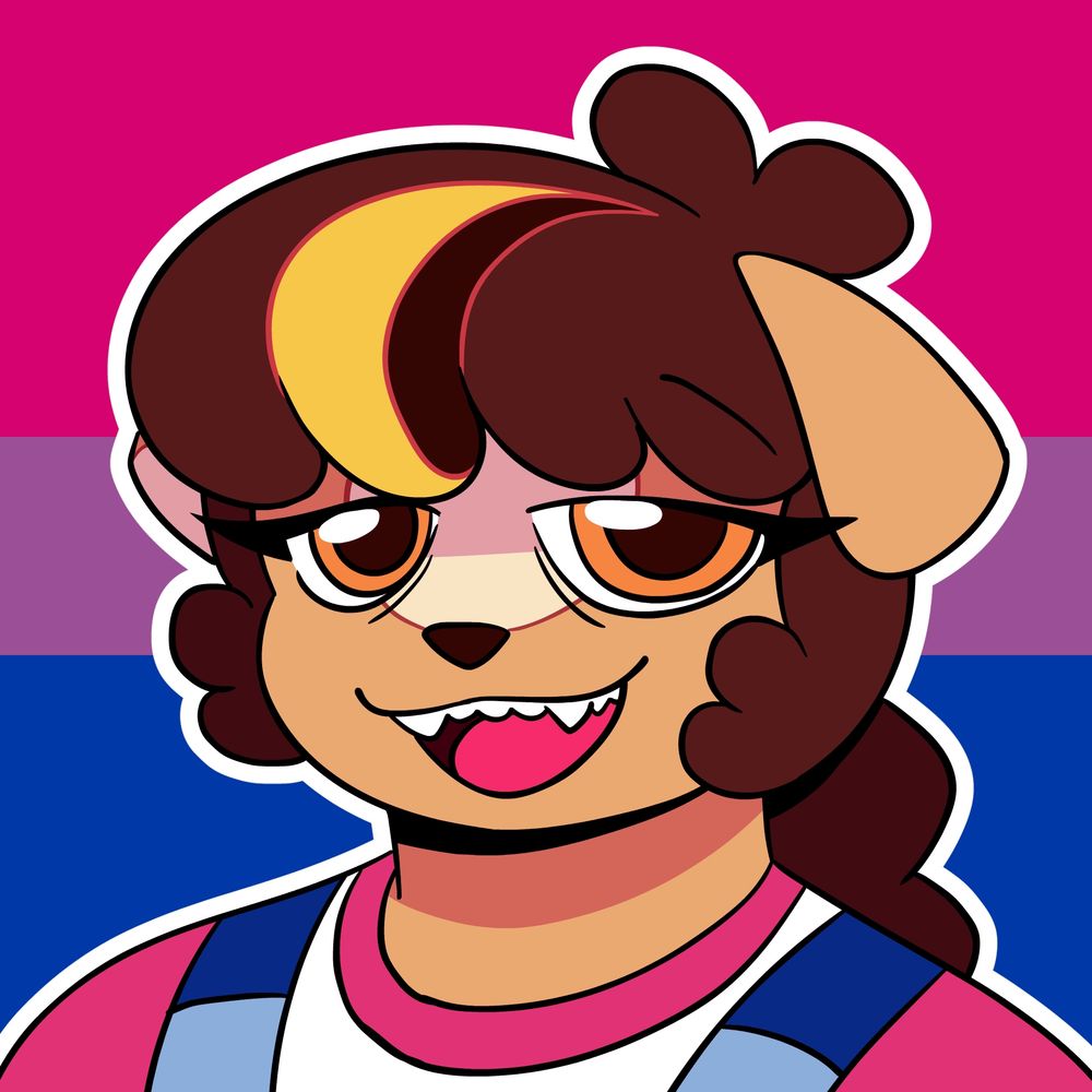 An icon drawing of Deska with a bisexual flag in the background