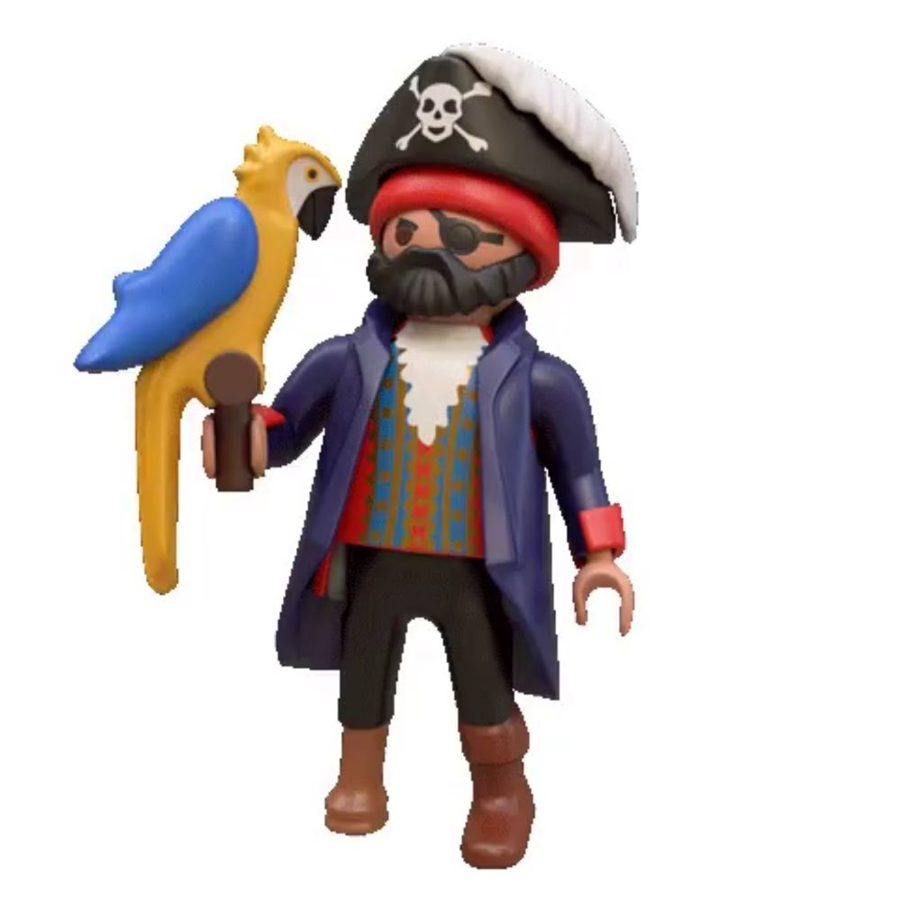 a playmobil pirate with a parrot on his shoulder and a speech bubble that says arrr