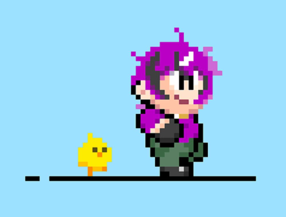 a pixel art of a person with purple hair and a yellow chick