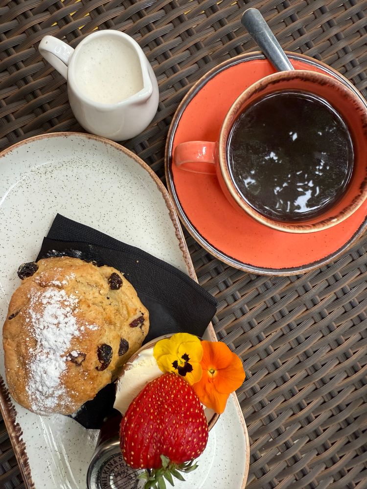 fruit scone with clotted cream and a coffee