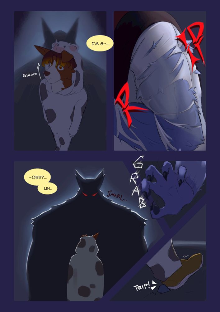 Theo grows, towering over Alex as his clothes rip apart. He casts a shadow over Alex, reaching to grab him and causing Alex to trip backwards.